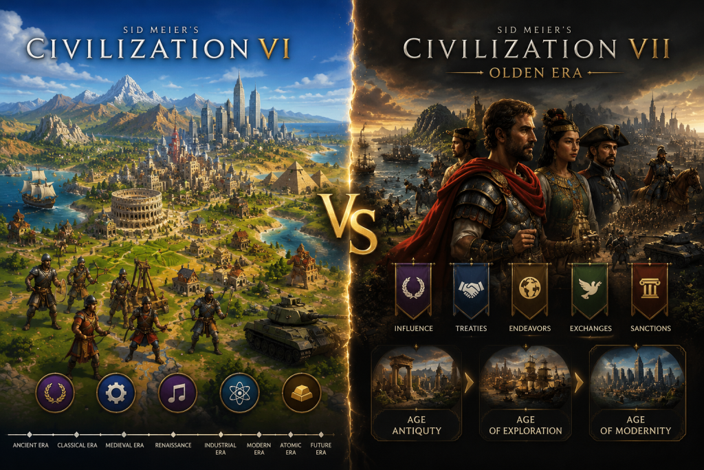Порівняння Civilization VI та Civilization VII з демонстрацією міст, армій, дипломатії та ключових змін між іграми.