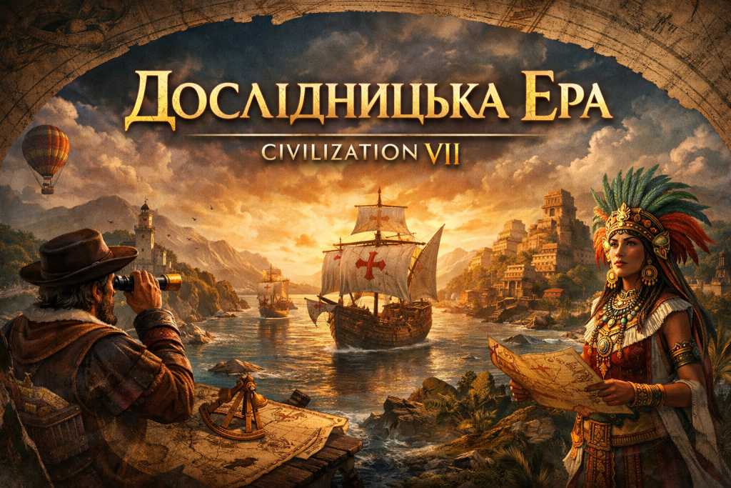 Обкладинка статті Civilization VII: Дослідницька Ера — морські відкриття, кораблі, європейський дослідник і майянська жриця на тлі нових земель