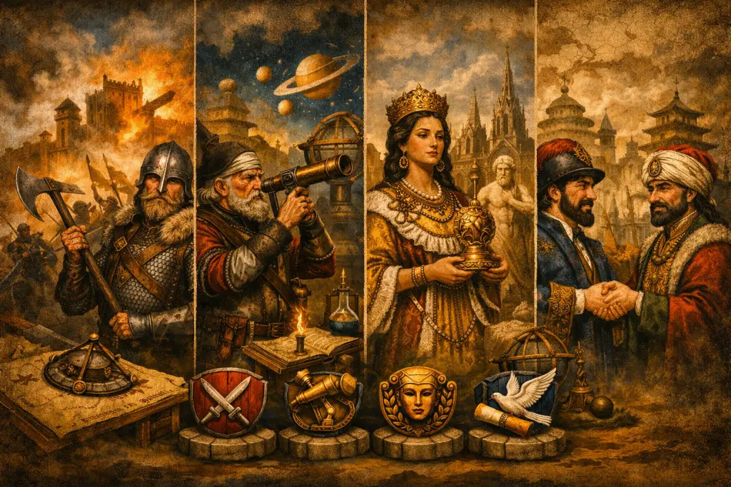 Civilization VII — чотири шляхи до перемоги в Дослідницькій ері: лицар у битві, вчений з телескопом, королева з артефактом та дипломати, що тиснуть руки