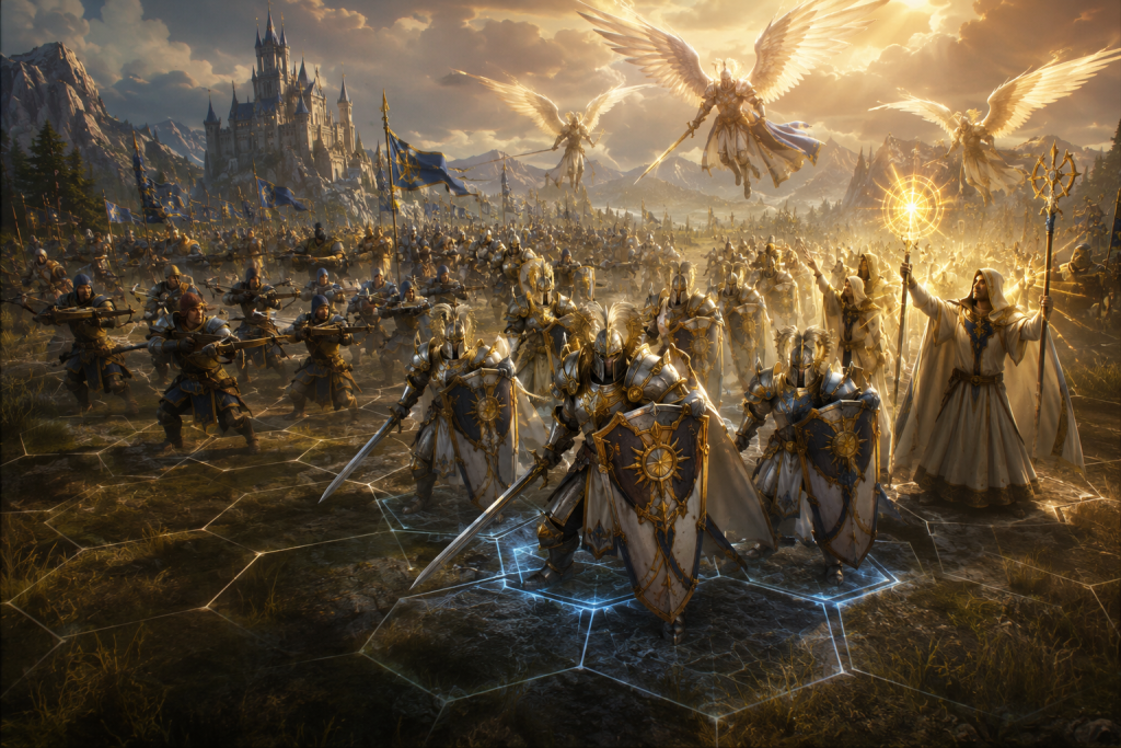 Храм Сонця у Heroes of Might and Magic: Olden Era — лицарі, арбалетники та ангели в епічній битві з використанням магії Світла та оборонної тактики