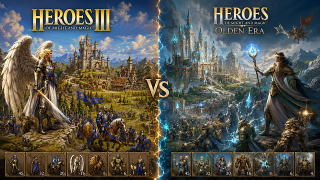 Порівняння Heroes of Might and Magic III та Heroes of Might and Magic: Olden Era — класичний Замок і Архангел проти сучасного Temple, армії та міста двох поколінь легендарної покрокової стратегії.