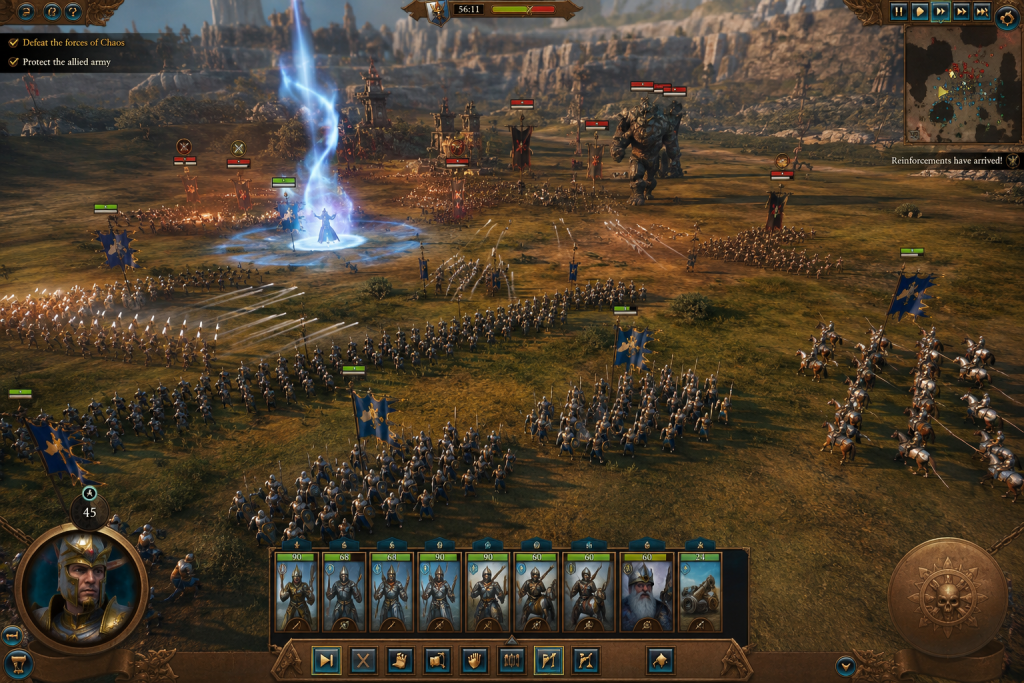 Битва в Total War: Warhammer 3 з організованими армійськими формаціями, піхота тримає фронт, лучники підтримують з тилу, кіннота готує флангову атаку, а маг накладає потужне закляття на полі бою