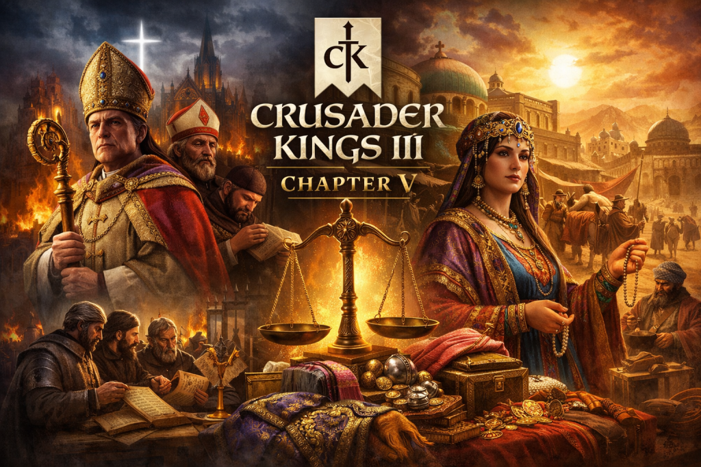 Ілюстрація до анонсу Crusader Kings III: Chapter V — поєднання двох світів: церковної влади та торгівлі. Ліворуч — єпископ і монахи на тлі палаючого собору, праворуч — багаті купці й ринок Шовкового шляху, у центрі — золота вага, символ балансу між вірою та багатством, під логотипом гри.