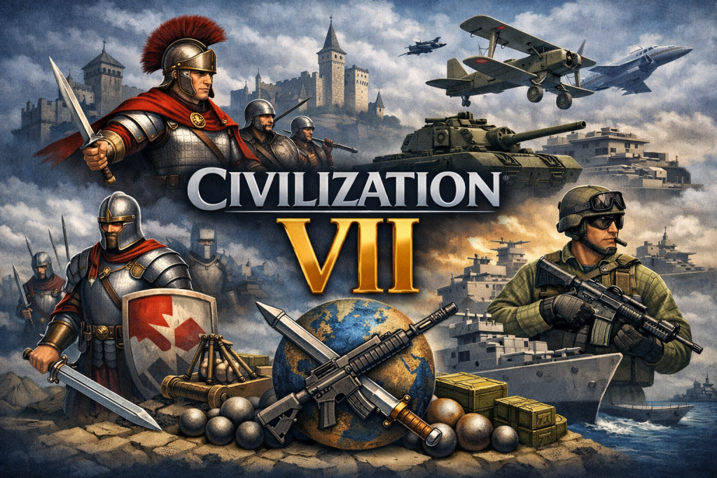 Ілюстрація «Civilization VII» — військовий кліпарт. Ліворуч — римський легіонер і середньовічні лицарі, праворуч — сучасний солдат, танк, авіаносець і бойова авіація. У центрі — меч і штурмова гвинтівка на тлі земної кулі, що символізує розвиток війни крізь епохи.