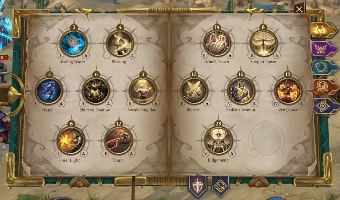 Інтерфейс книги заклинань у Heroes of Might and Magic: Olden Era з іконками шкіл магії, списком доступних заклинань.