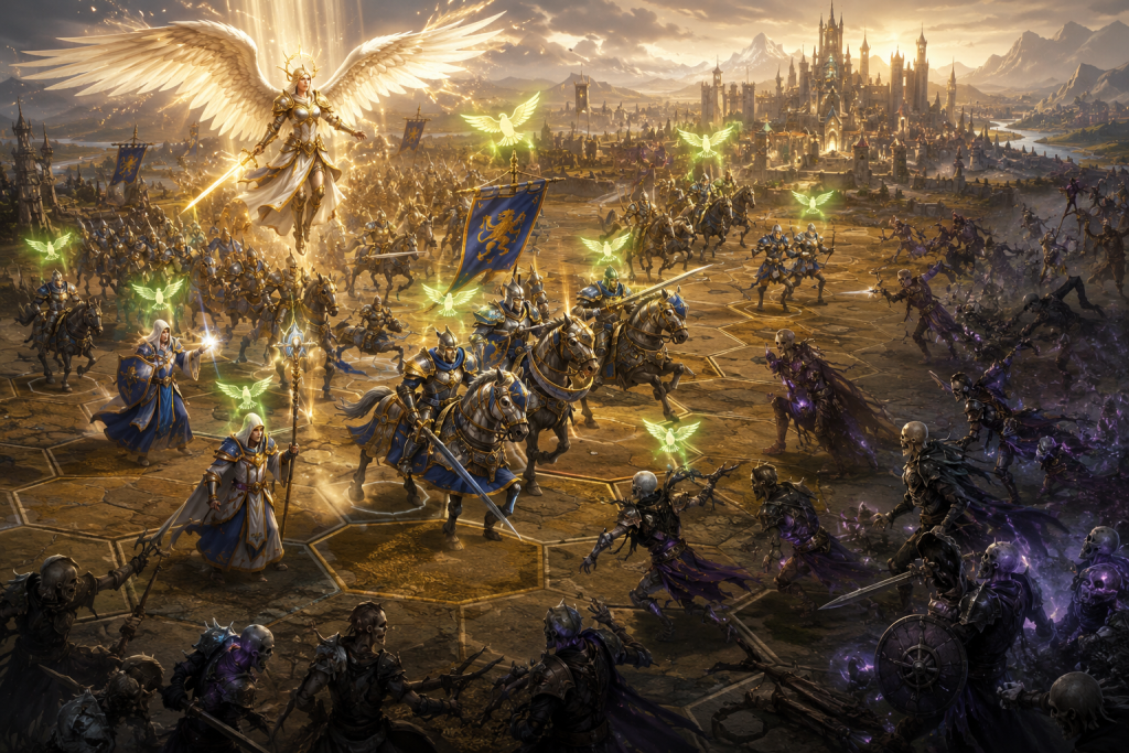 Битва в Heroes of Might and Magic Olden Era з високою мораллю армії Temple та ангелами на полі бою