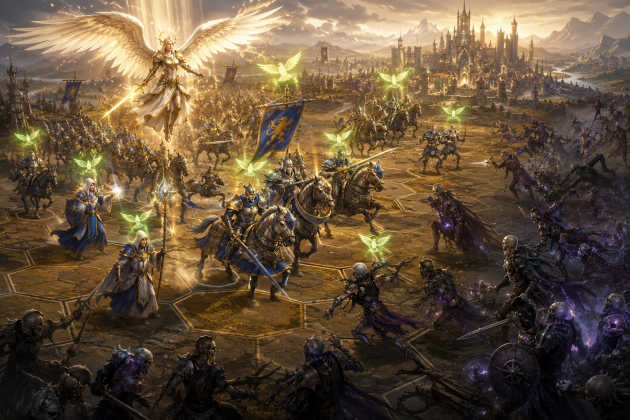 Битва в Heroes of Might and Magic Olden Era з високою мораллю армії Temple та ангелами на полі бою