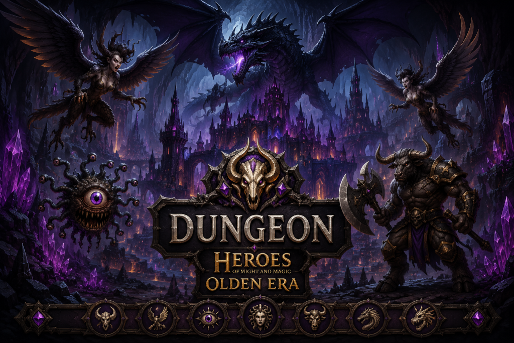 Підземелля Dungeon у Heroes of Might and Magic Olden Era темна фракція чорний дракон і гарпії у підземному місті