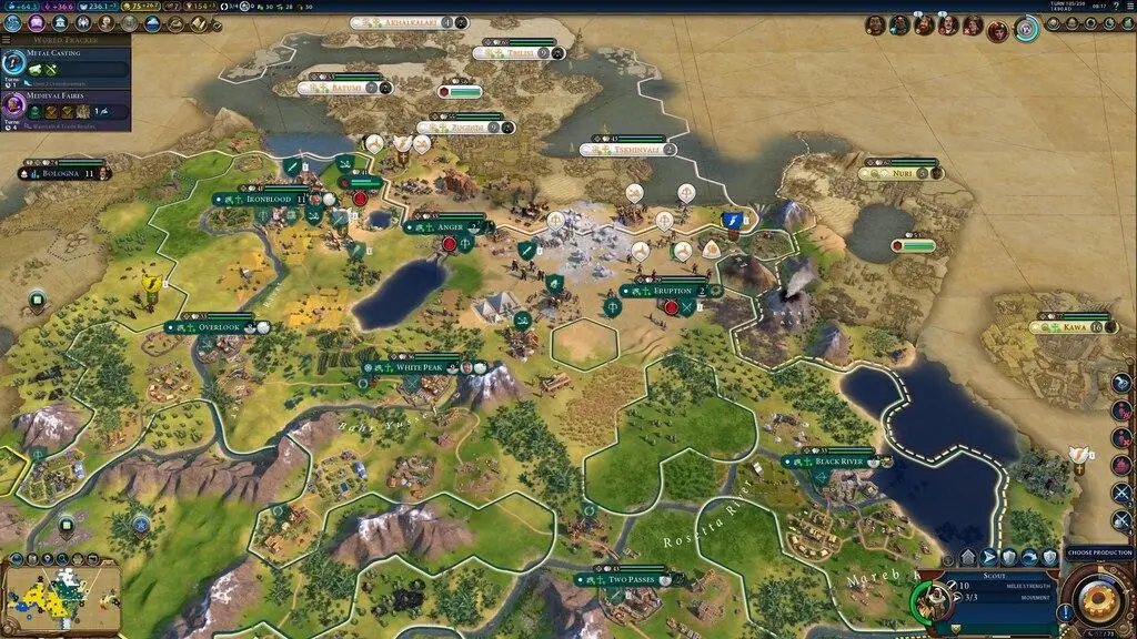 Civilization VI — розвинена цивілізація з містами, районами та військами на карті.