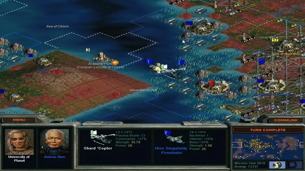 Sid Meier's Alpha Centauri — карта планеты с базами та військами.