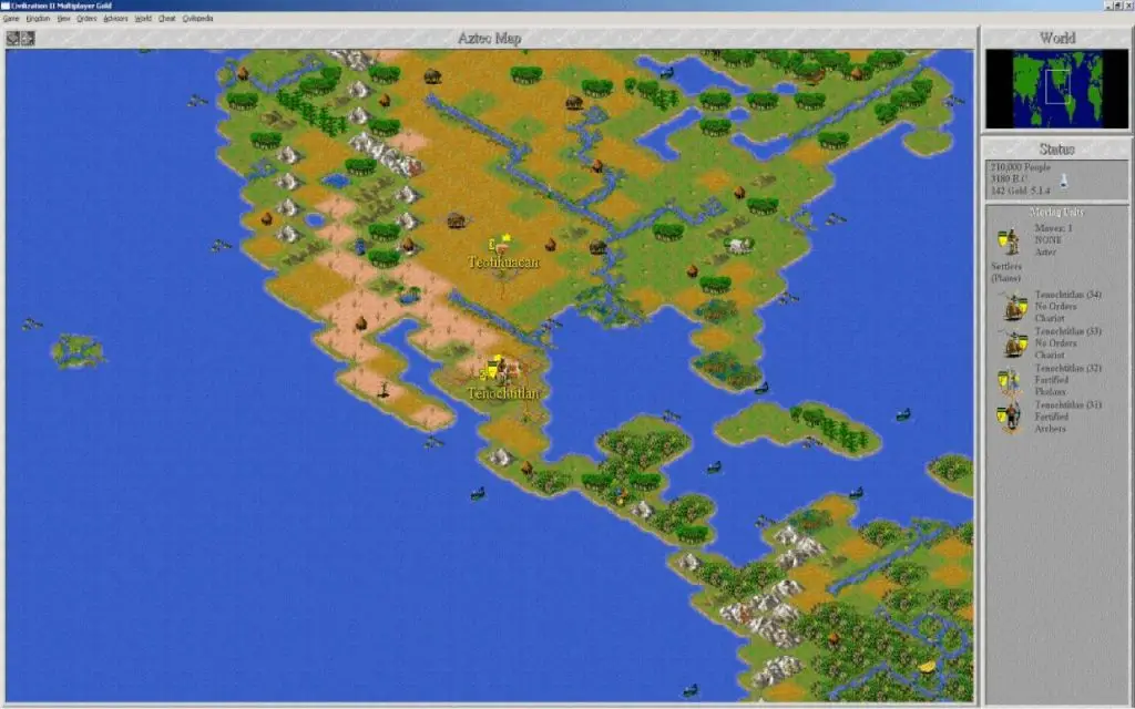 Sid Meier's Civilization II — стратегічна карта з містами, територіями та військами.