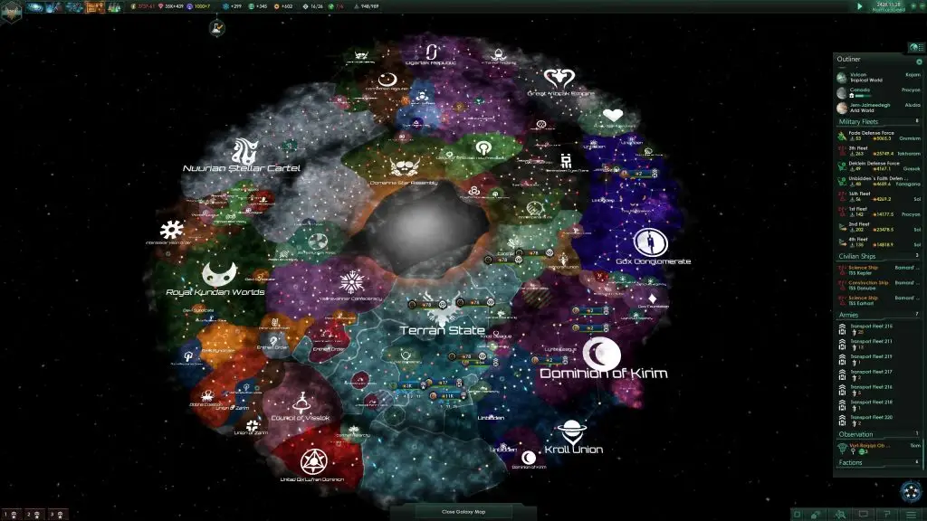 Stellaris — галактична карта з територіями космічних імперій.