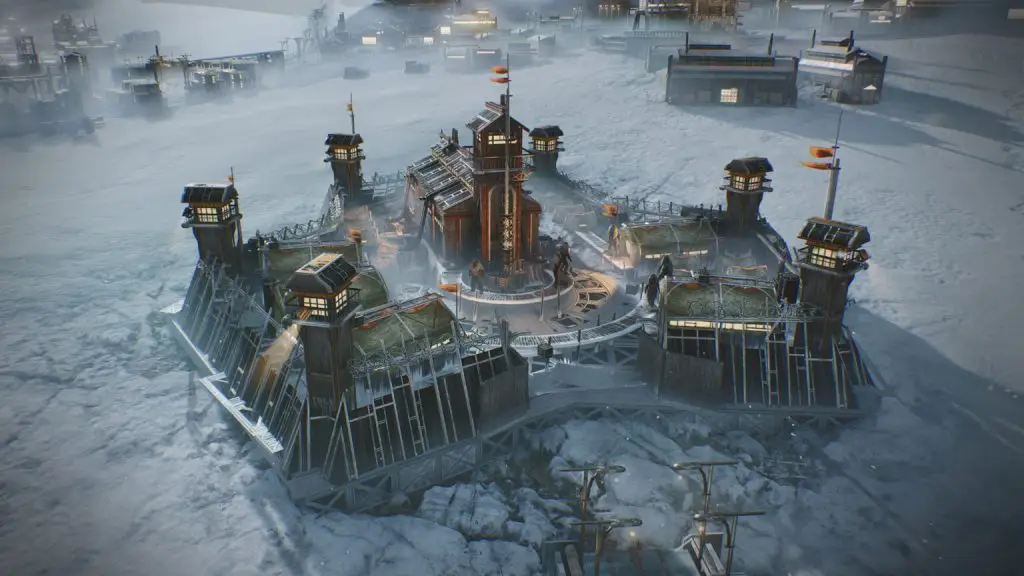 Frostpunk 2 — засніжений міський район і укріплення серед крижаної пустелі