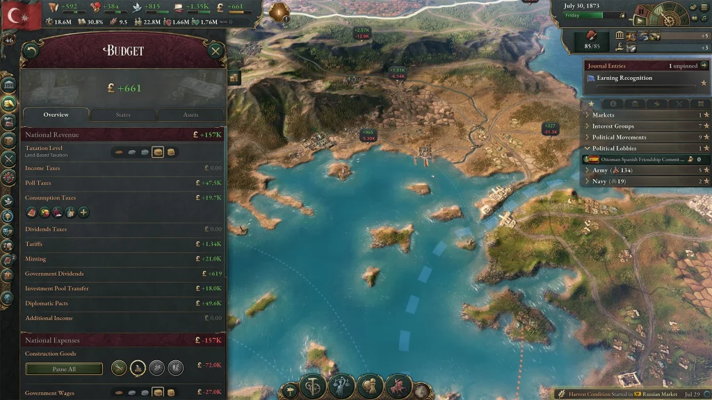 Victoria 3 — економіка та бюджет держави на карті світу