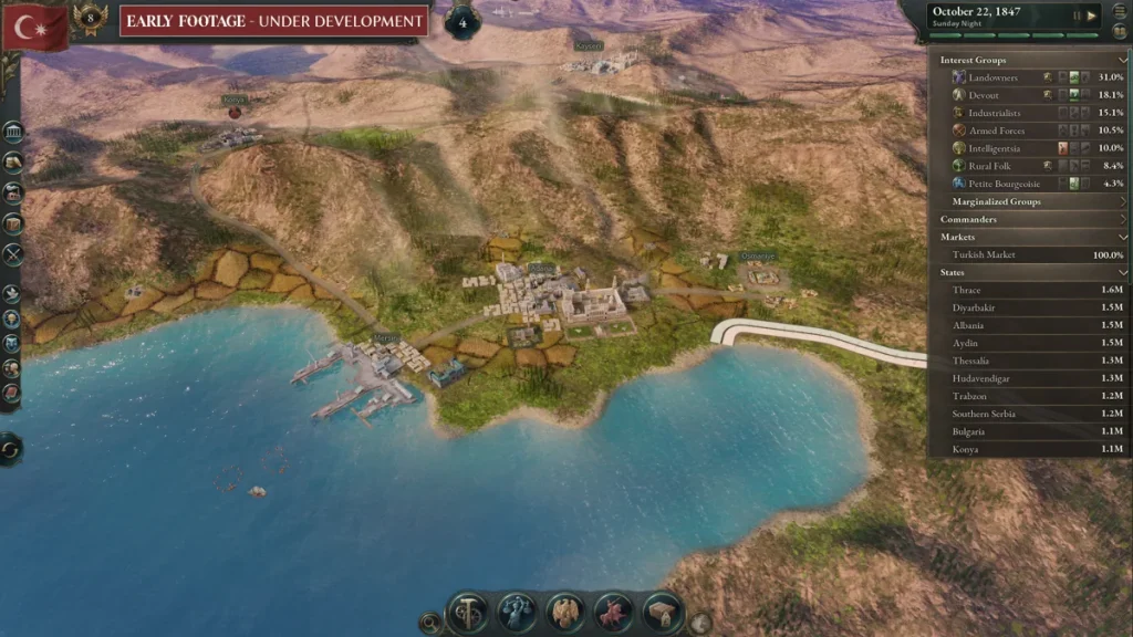 Victoria 3 — карта Османської імперії, міста, економіка та політичні групи у 1847 році