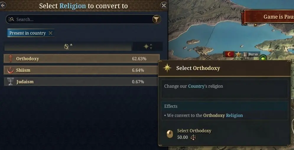 Вікно зміни державної релігії на православ’я в Europa Universalis V