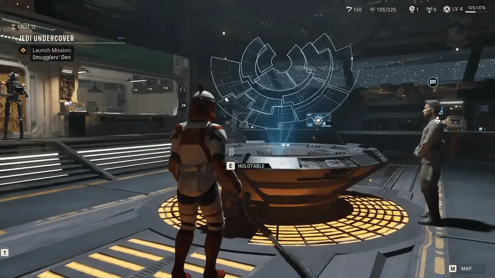 Скріншот геймплею Star Wars Zero Company: клон-коммандер перед голостолом у футуристичному ангарі.