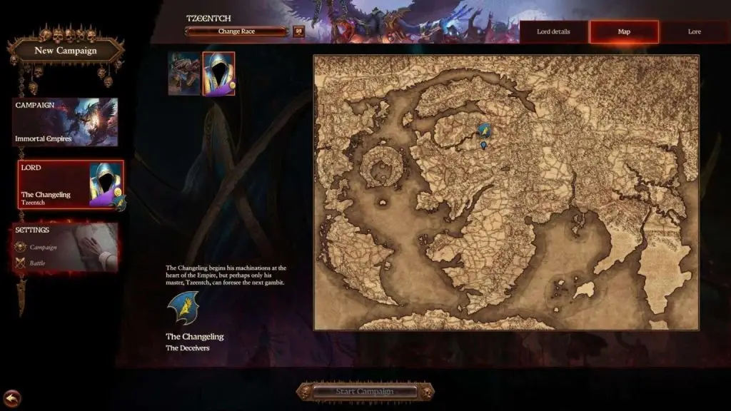 Карта кампанії Immortal Empires у Total War: Warhammer III з армією легендарного лорда