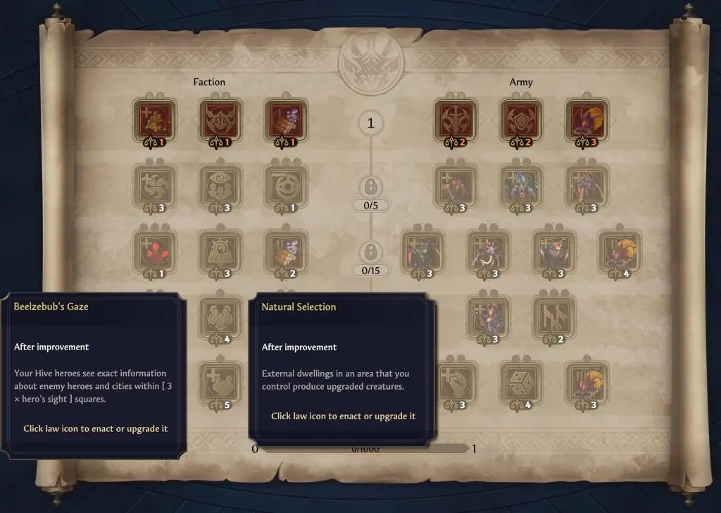 Меню Faction Laws у Heroes of Might and Magic Olden Era з вибором законів