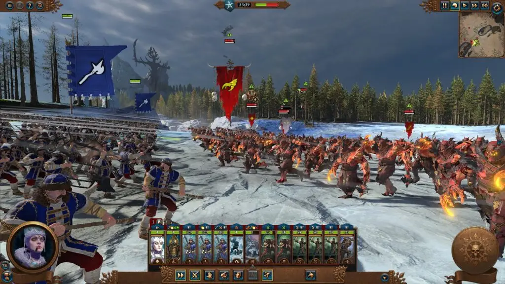 Поле бою Total War: Warhammer III з пагорбами, лісом та бойовими порядками армій