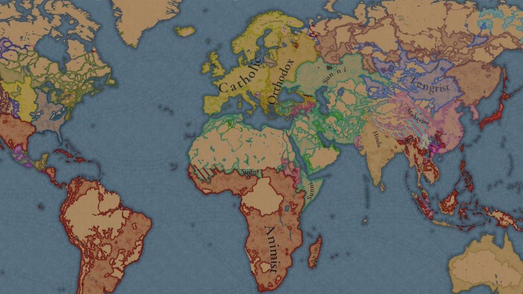 Релігійна карта Europa Universalis V з розподілом конфесій