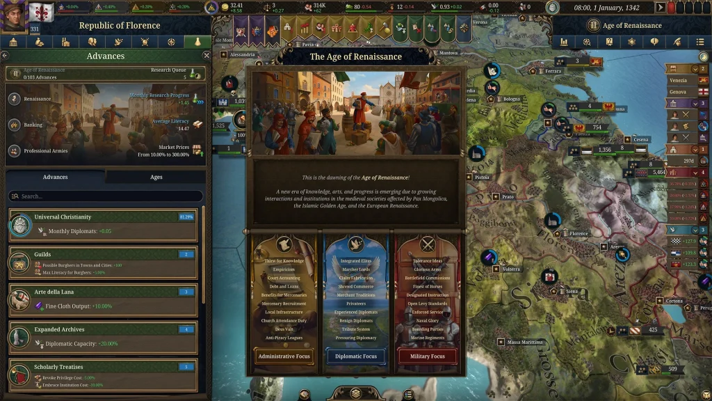 Технології та розвиток держави в Europa Universalis V — вікно епохи Відродження.