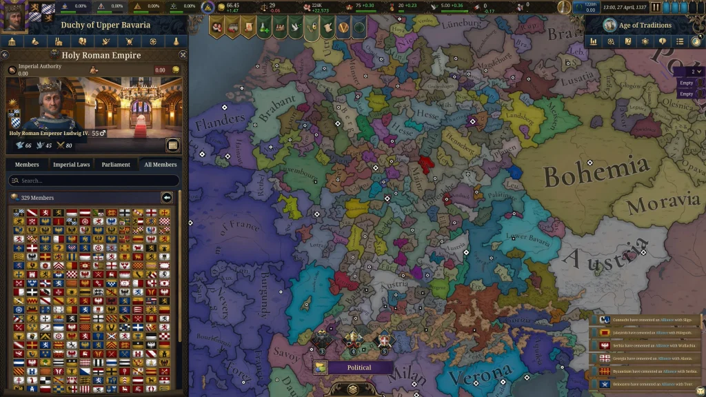 Карта Священної Римської імперії в Europa Universalis V із князівствами Центральної Європи.