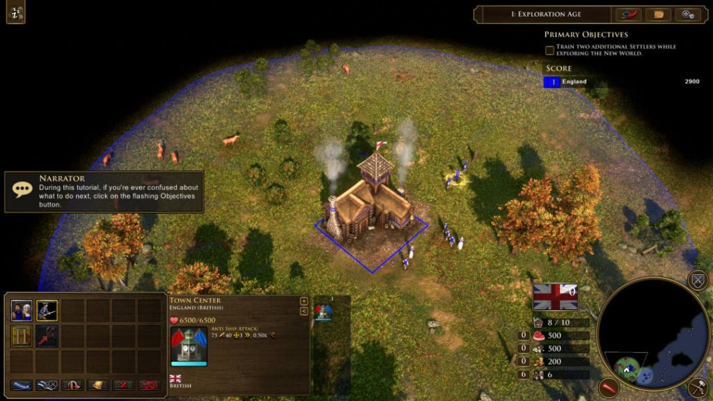 Міський центр, поселенці та ресурси на початку матчу в Age of Empires III: Definitive Edition