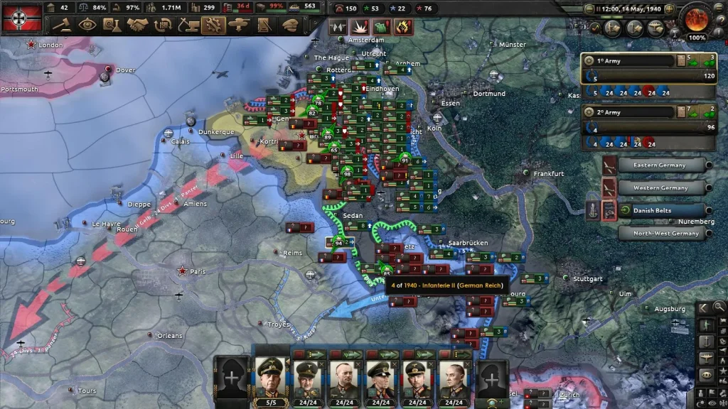 Hearts of Iron IV — стратегічна карта фронтів, дивізій і військових операцій.