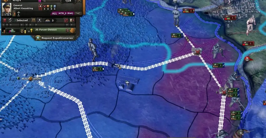 Карта постачання в Hearts of Iron IV із хабами та зонами нестачі припасів.