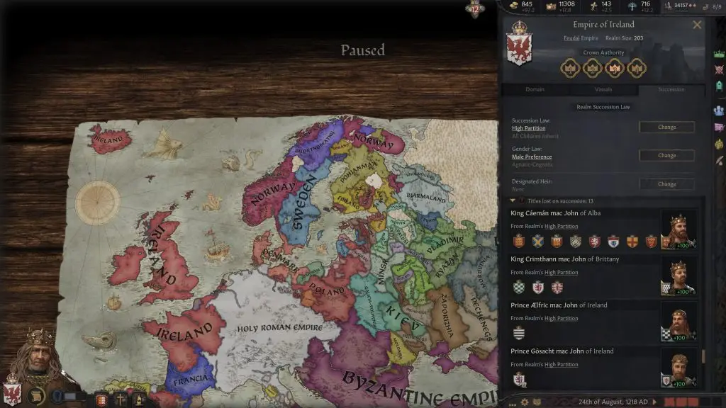 Crusader Kings 3 High Partition — головний спадкоємець отримує більшу частину титулів