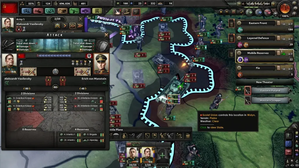 Hearts of Iron IV — стратегічна карта Східного фронту з розташуванням армій.