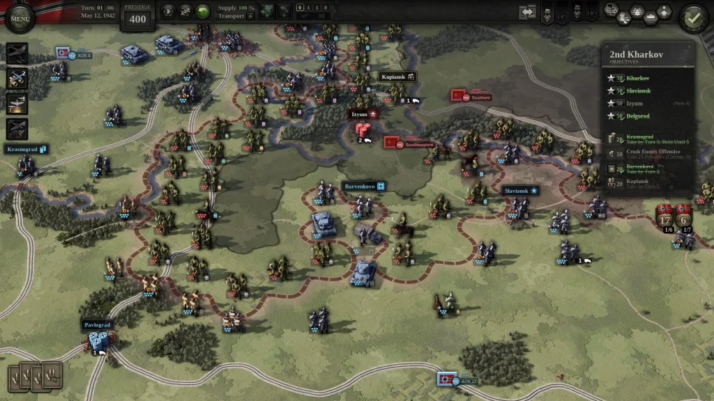 Unity of Command II — оперативна карта з дивізіями та маршрутами постачання.