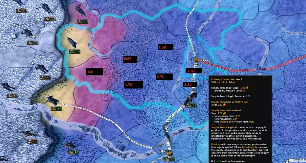 Залізничні маршрути між хабами постачання в Hearts of Iron IV на стратегічній карті.