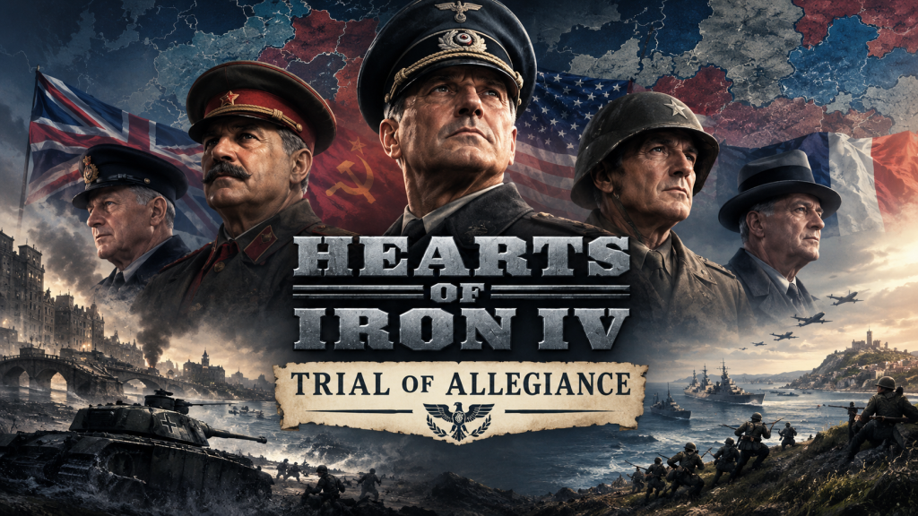 Hearts of Iron IV: Trial of Allegiance — стратегічна карта Другої світової війни, армії, техніка та прапори союзників.