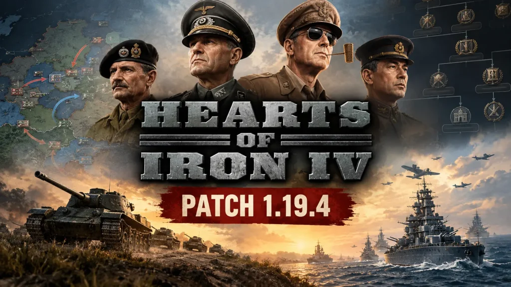 Hearts of Iron IV — патч 1.19.4: танки, військові кораблі та командувачі на тлі бойової карти Другої світової війни.