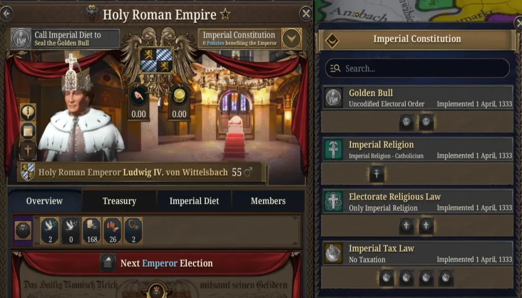Інтерфейс імператора Священної Римської імперії в Europa Universalis V із вкладками управління та виборів.